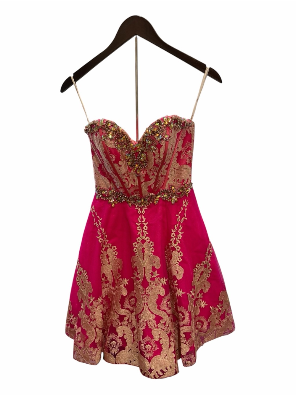 Strapless Fuchsia and Gold Embroidered Party Dress